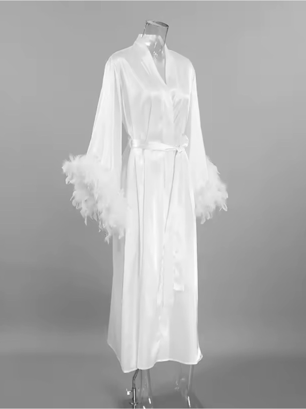 New! White Feather Silky Kimono Robe Boudoir Wedding Long Dressing Gown Sz Large